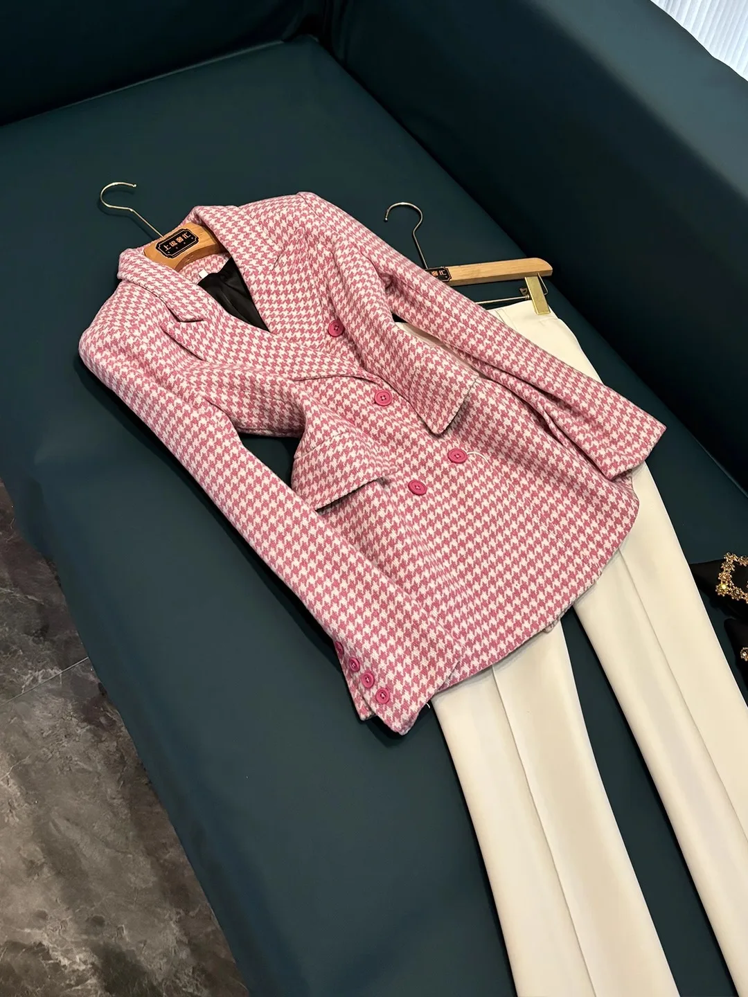 

High-End Quali Pink Plaid Woolen Coat Slim Fit Suit Collar Winter Outerwear Commute Sle Long Sve Double Button A706