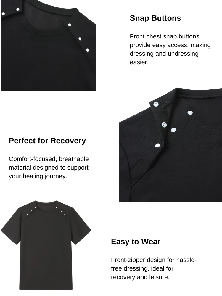 Kaos Lengan Pendek Pasca Operasi Uniseks dengan Kancing Jepret Depan, Kain Antimikroba Lembut untuk Pemulihan Bahu & Dada