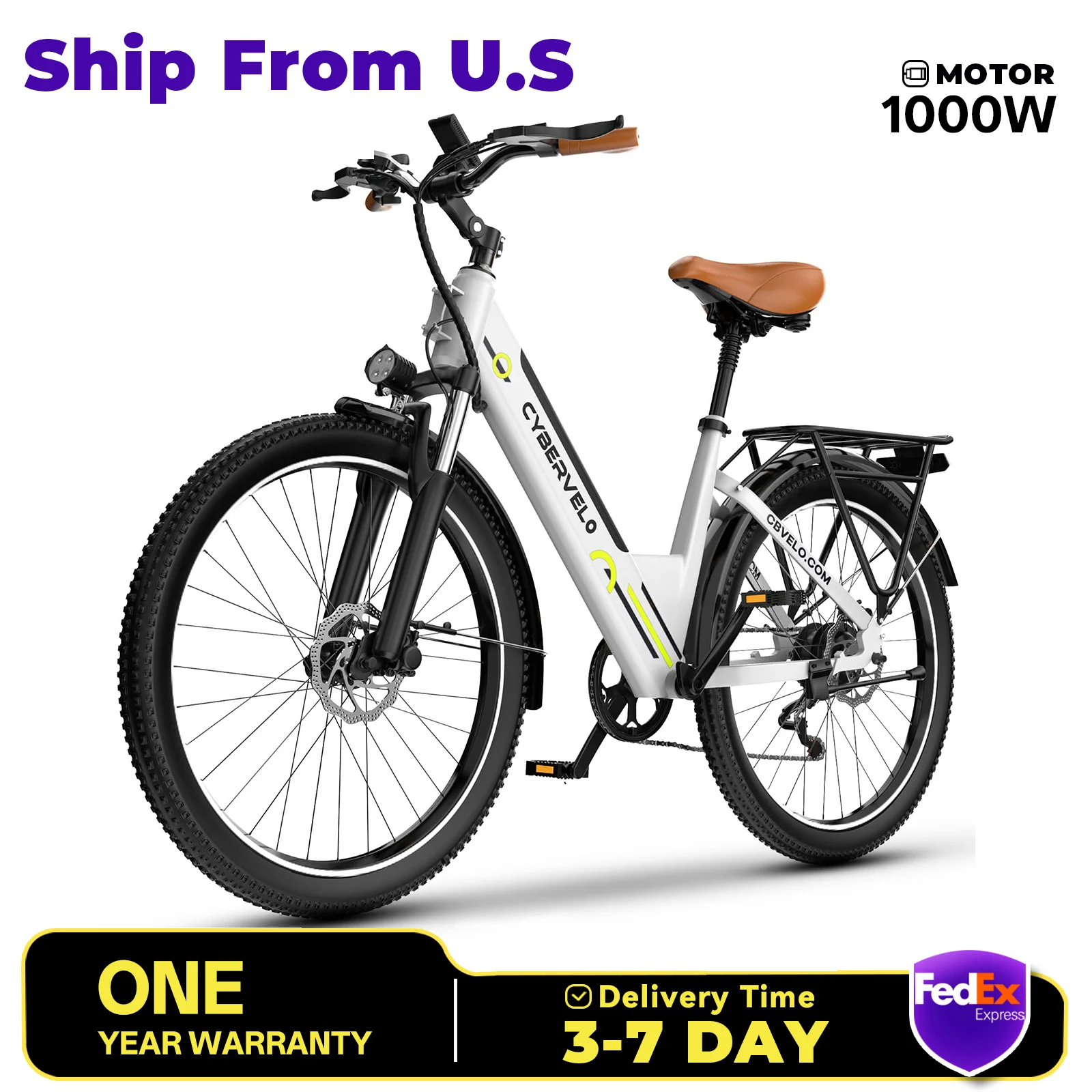 

Cybervelo EK2 Urban Commute EBike, 48V 1000W Peak Motor, Detachable Battery 7-Speed shift Electric Bike, Long Range 26“ Travel