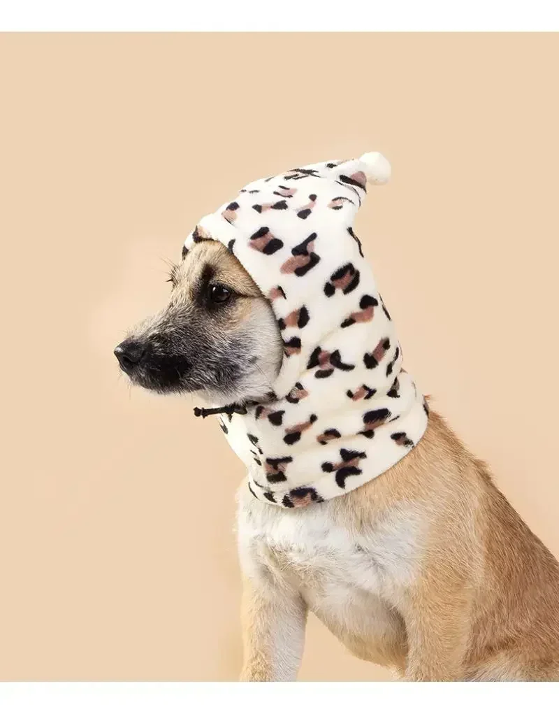 

Dog Calming Earmuffs Neckerchief Collar Warm Pet Neck Gaiter Leopard Print Christmas Puppy Scarf Collars Anxiety Relief