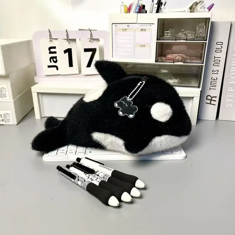 만화 플러시 킬러 고래 펜 가방 대용량 편지지 가방 학교 사무실을위한 학생 선물 재미 있은 연필 케이스