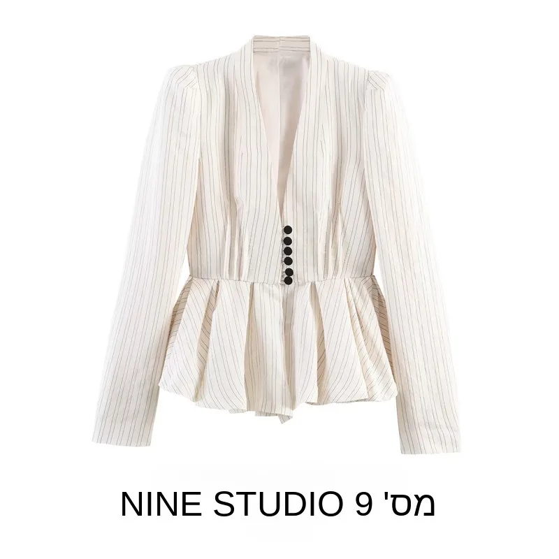 

Женский пиджак NINE ZAR с полосатым подолом, глубоким V-образным вырезом и пуговицами, модель 2494491, с длинными рукавами, укороченный, из полиэстера