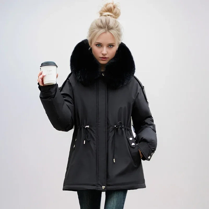 Women Parka Fashion Long Coat Wool Liner Hooded Parkas 2024 New Winter Jacket Slim with Fur Collar Warm Snow Wear Padded Clothes