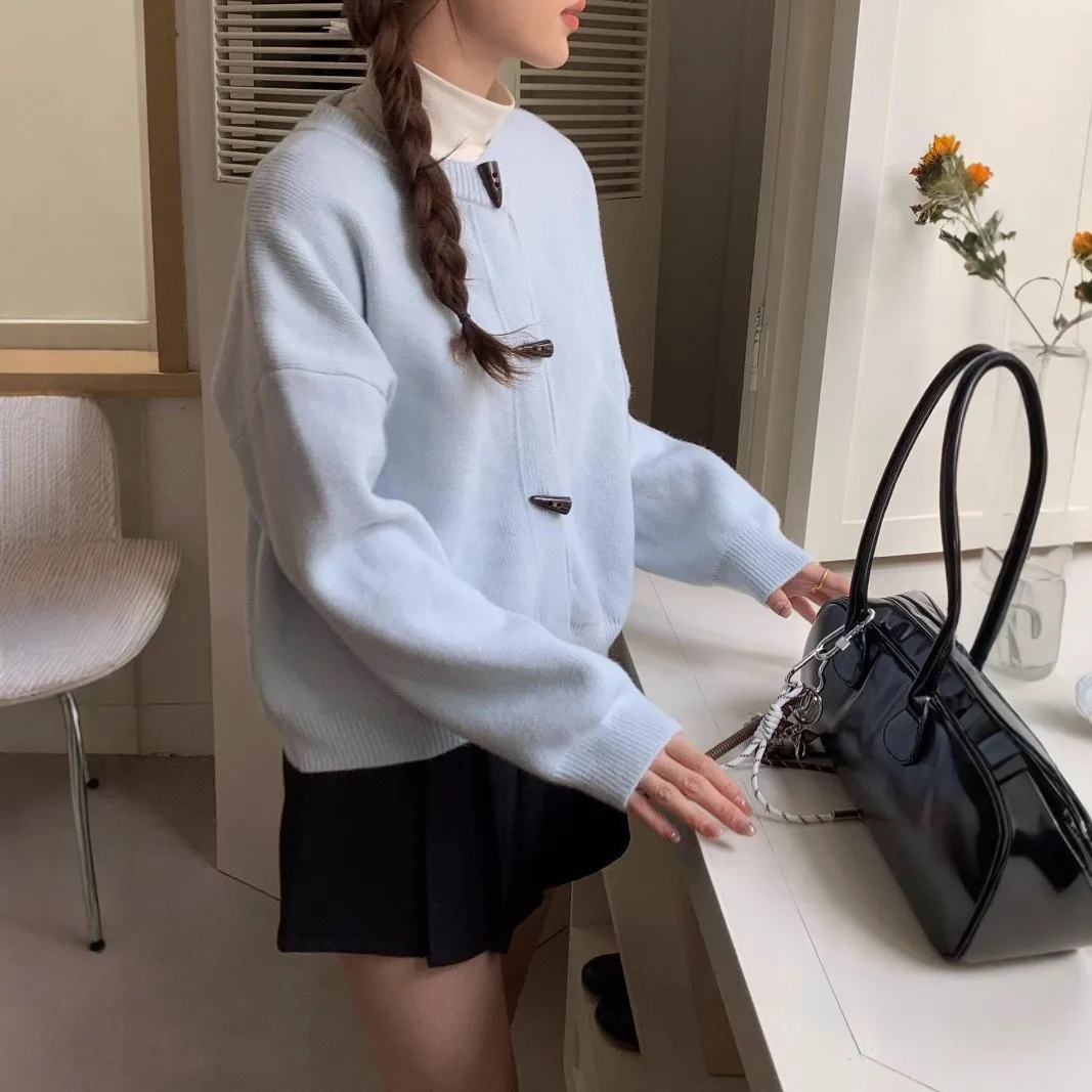 Autumn Winter New Loose Knitted Cardigan Jacket Women Cow Horn Button Sweater Cardigan Loose Vintage Solid Versatile Coat