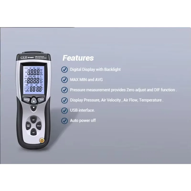 

Hot Sale CEM 2 in 1 CMM CRM Digital Anemometer with Differential Pressure Manometer Gauge Flow Meter Anemometer DT-8897
