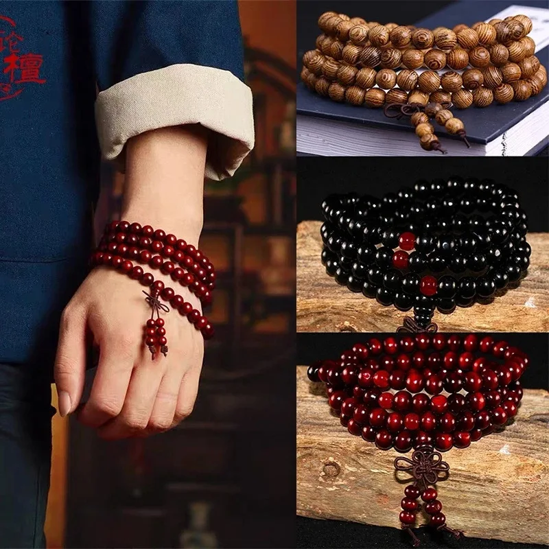 Natürliches chinesisches Sandelholz, 108 Gebetsperlen, Mala-Armband, Halskette, 6 mm, buddhistischer Buddha-Rosenkranz, elastischer Handgelenkschmuck, Glücksamulett