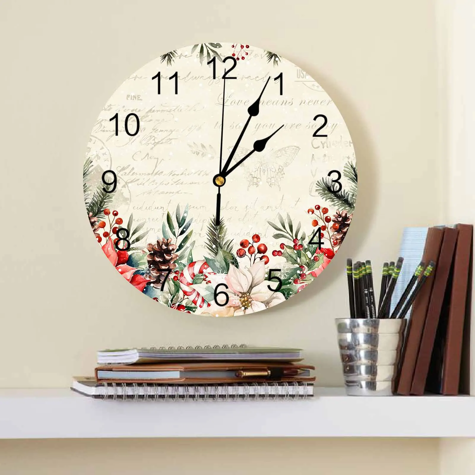 Christmas Poinsettia Berry Wall Clock Large Modern Kitchen Dinning Round Wall Clocks Watches Living Room