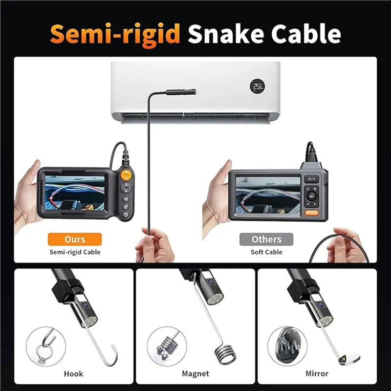 IP67 Waterproof Endoscope IPS Big Screen 8Mm 1080P HD Dual Lens Inspection Camera Semi-Rigid Cable Pipe-A86G