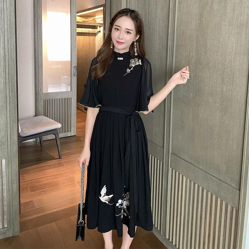 Black Short Sleeve Chinese Style Dress Plus Size Women\'s 2023 Summer Elegant Embroidery Qipao Vestido Chiffon Dress Cheongsam