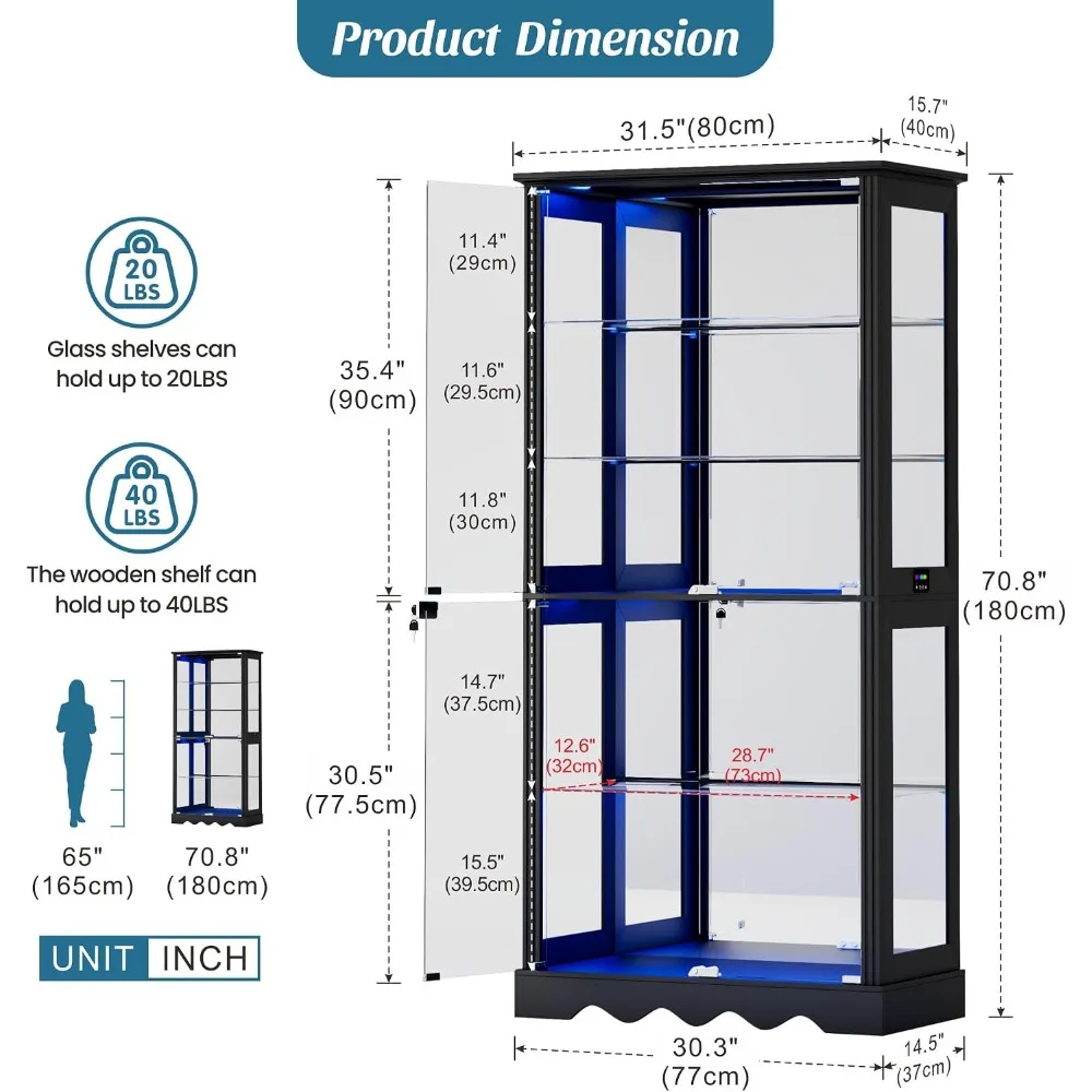 Dystler Display Cabinet with Glass Doors and RGB Lights for Collectibles