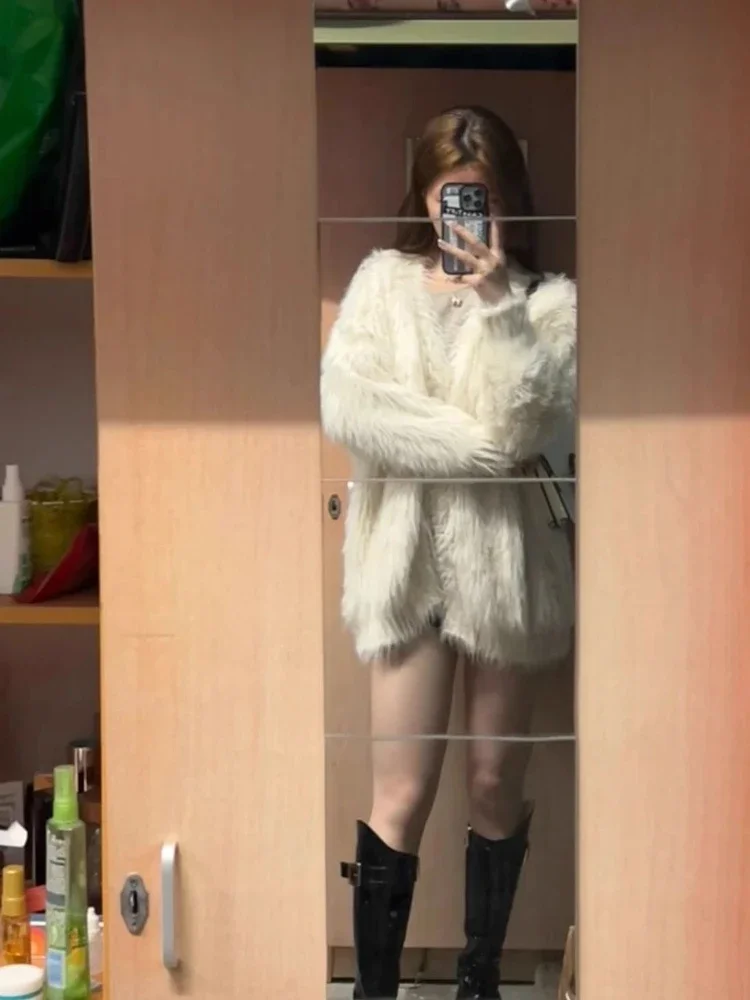 Luxury Fluffy Cardigan Knitted Sweater Women Streetwear Long Sleeve Lazy Soft Coat Furry Jacket Trend Casual Loose Tops New