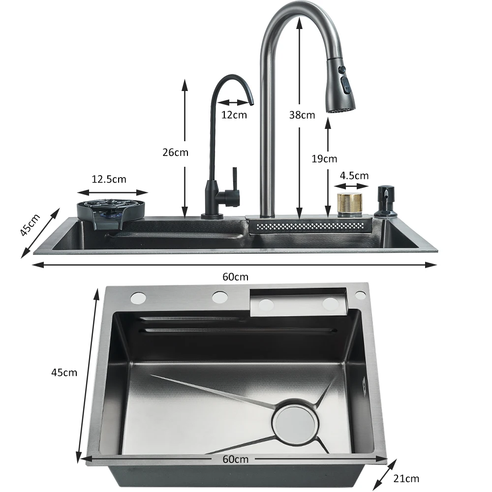 Waterfall Kitchen Sink 201 Stainless Steel Sink Large Single basin With Large Single Slot Sink Above Counter With Cup Disher