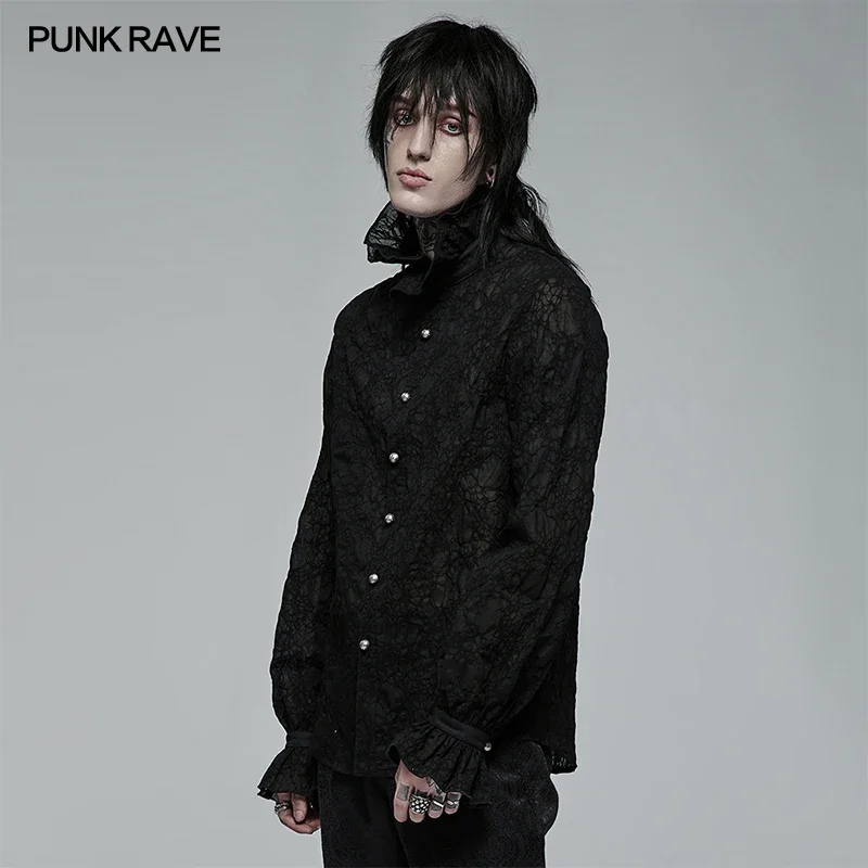 PUNK RAVE Men\'s Gothic Textured Shirt Detachable Bow Tie Ruffle Neckline & Cuffs Dark Party Fashion Men Clothing Dress Shirts