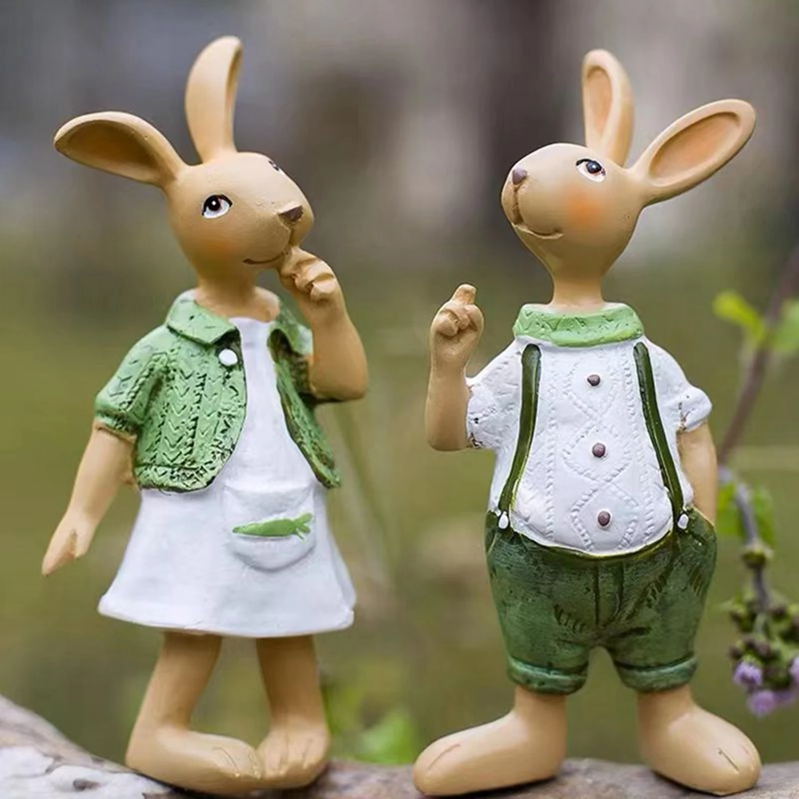 2pcs Set Resin Bunny Statues Delicate Green Bunny Easter Party Decoration for Holiday Home Garden Statues & Sculptures