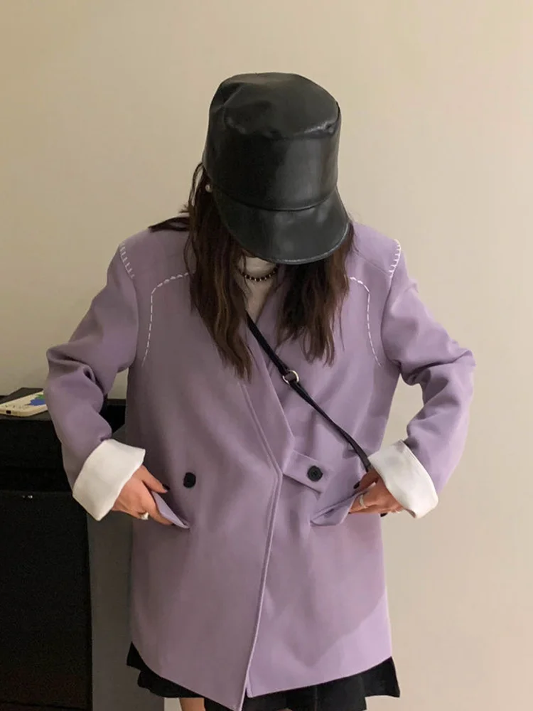 Streetwear Loose Purple Blazer Women Long Sleeve Casual Oversize Suit Coats Fashion Fall New Korean Female Design V Neck Outwear