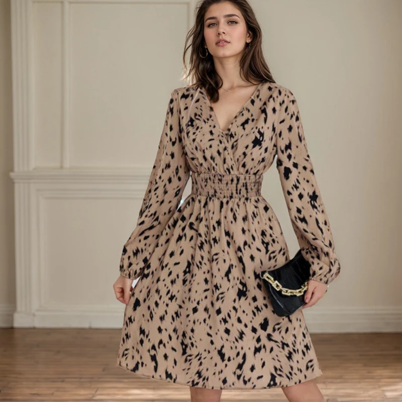 Fashion Streetwear High Waist Dress Bohemian Casual Elegant Leopard Printed Pullover Women's Shirt Dress Elegant Party Dresses