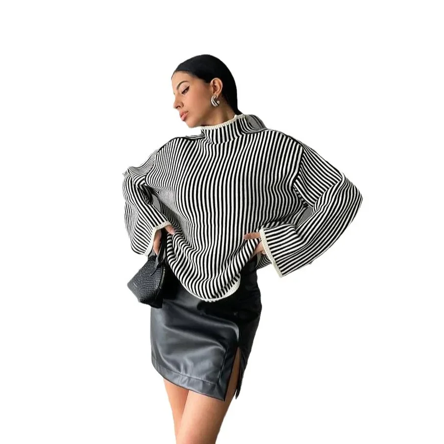 Vertical Striped High Neck Lazy Style Front and Back Two Wearing Flared Sleeve Knitted Sweater