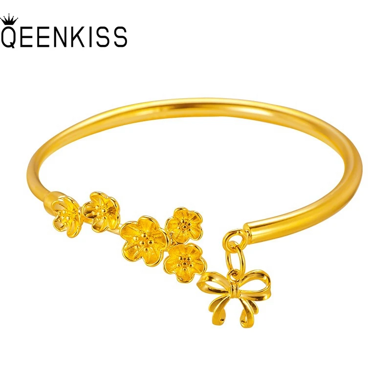 QEENKISS Gold Flower Bow Open Bracelets Bangles For Women Wedding Party Birthday Christmas Bride Mother Girl Ladies Gifts BT5353