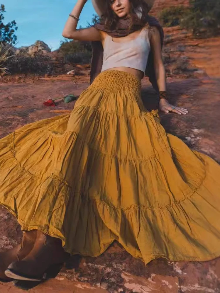 

Casual Half-length Skirt for Ladies - Bohemian Loose Pure-color Long Dress with Pockets, Two-way Wrap Skirt