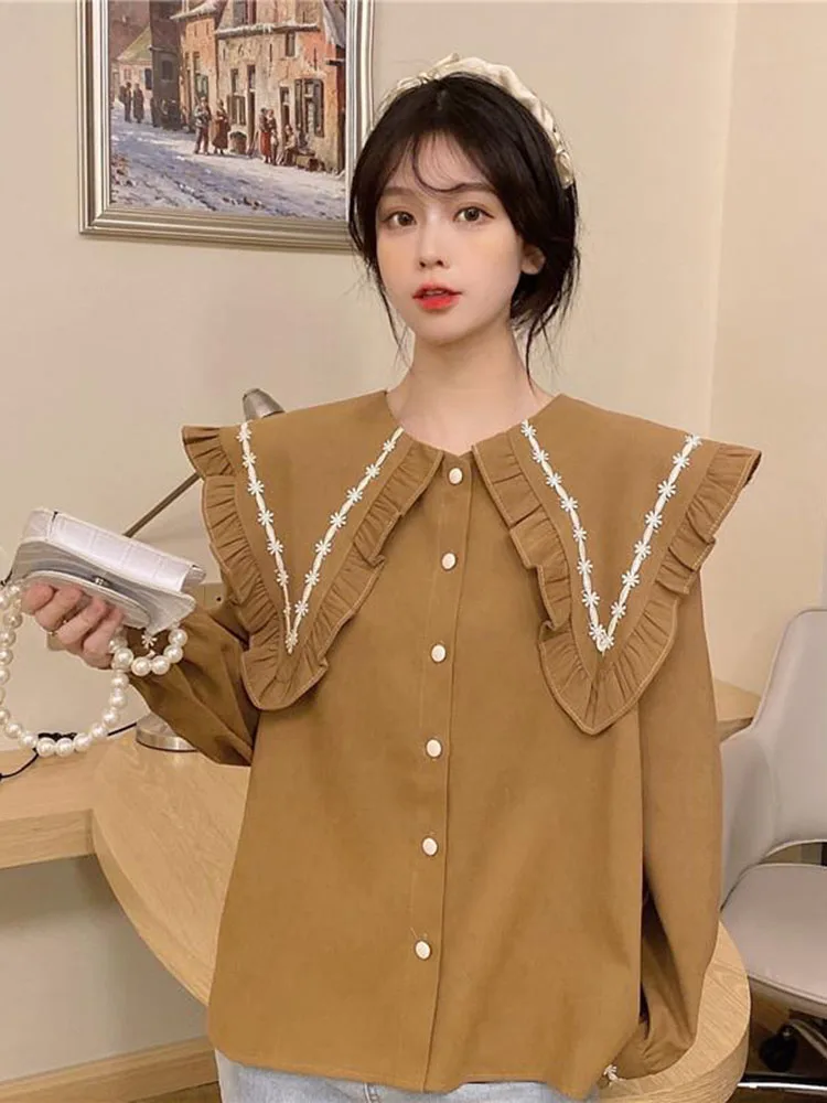 Jmprs Embroidery Sweet White Shirt Women Loose Casual Long Sleeve Korean Blouse Elegant Preppy Style Chic Peter Pan Collar Tops