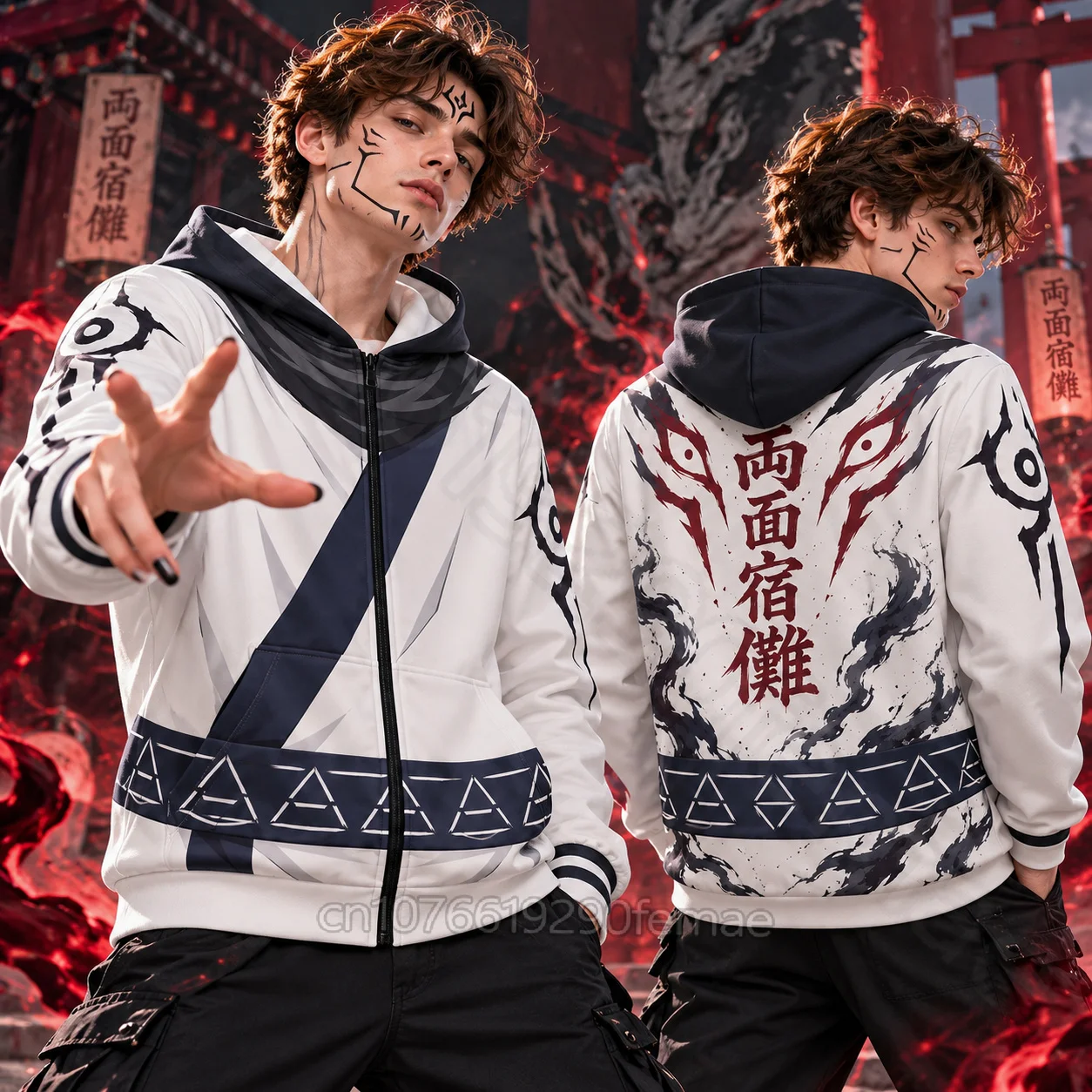 JUJUTSU KAISEN Sukuna Cosplay Hoodie, White Blue Kids Zip Up Jacket, Anime Graphic Print Sweatshirt, Japanese Autumn Winter Top