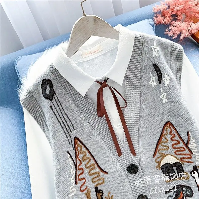 Female Clothing Autumn Winter Preppy Style V-Neck Cartoon Embroidery Sweaters Vest Single-Breasted Sleeveless Knitted Cardigan