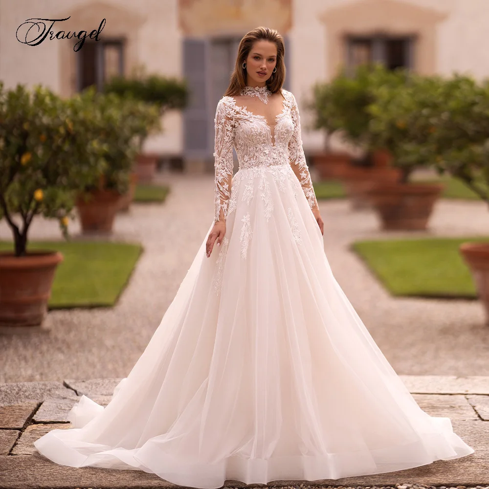 Traugel A-Line Gracful Wedding Dresses High Neck Long Sleeve Vestido De Novia Lace Appliques Charming Vintage Robe De Mariee