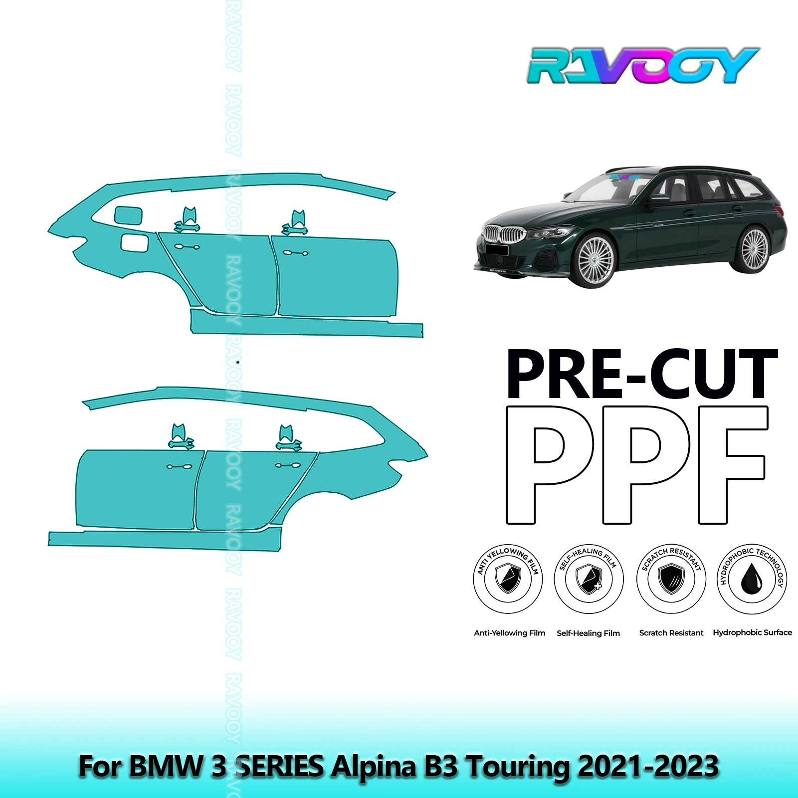 

For BMW 3 SERIES Alpina B3 Touring 2021-2023 8.5mil Clear Matte Pre-Cut PPF Door & A/B Pillar Kit TPU Paint Protection Film Set
