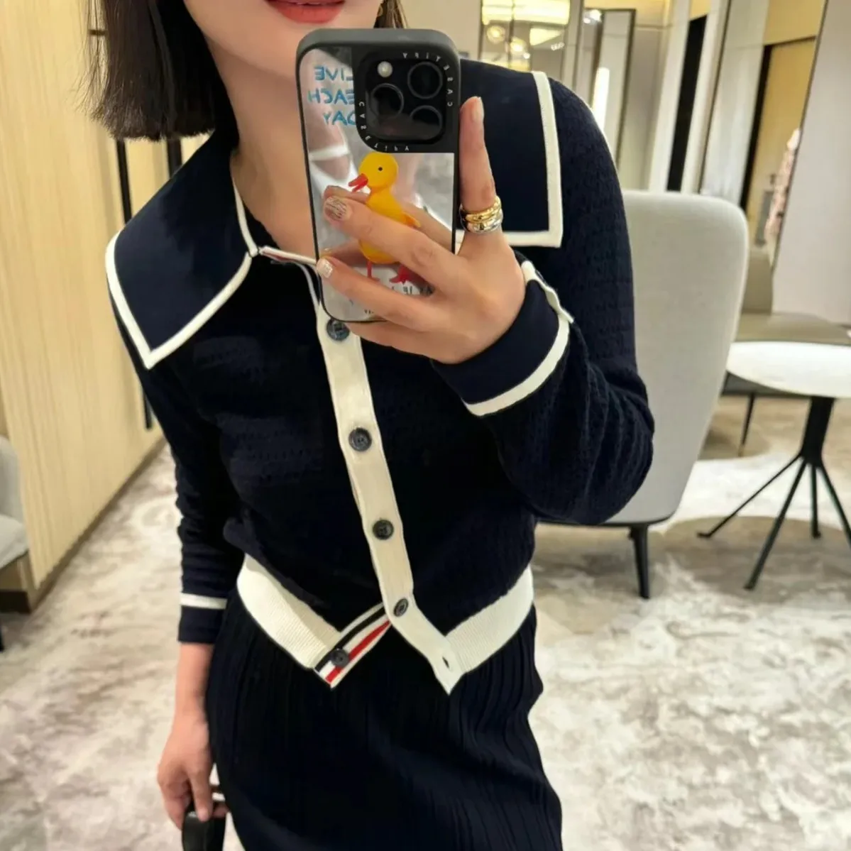 

High-End Wool Version College Sle Color Blo Navy Collar Sweater Women's Knitted Open Cardigan Thin Long Sve Winter Top