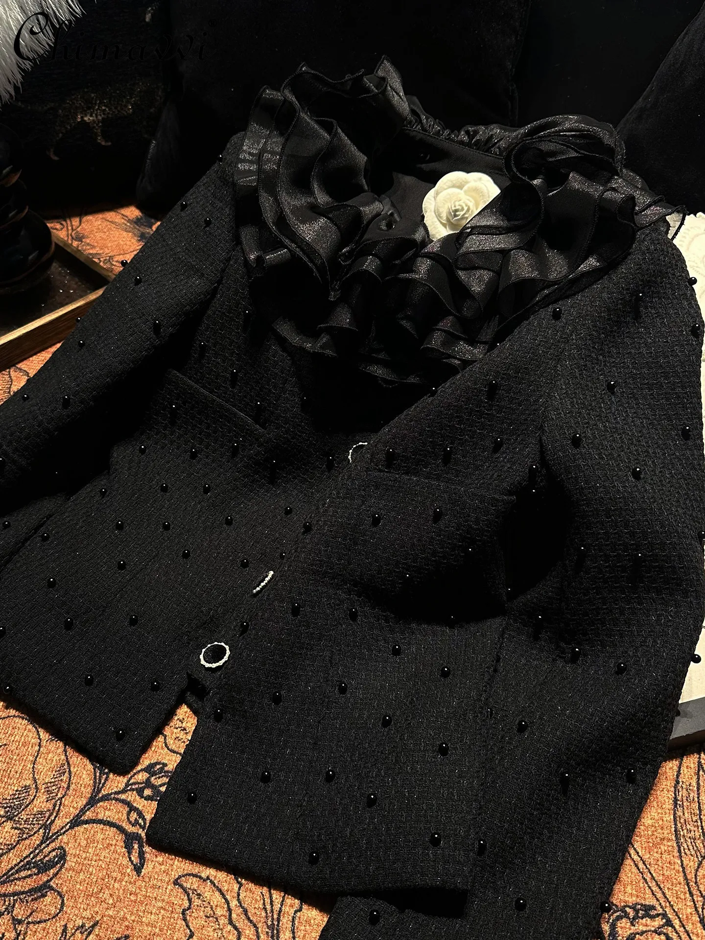 

High-end Black Lace Beaded Wool Tweed Short Coat for Women Spring New Fashion Round Neck Long Sleeve Elegant Ladies Jacket Top