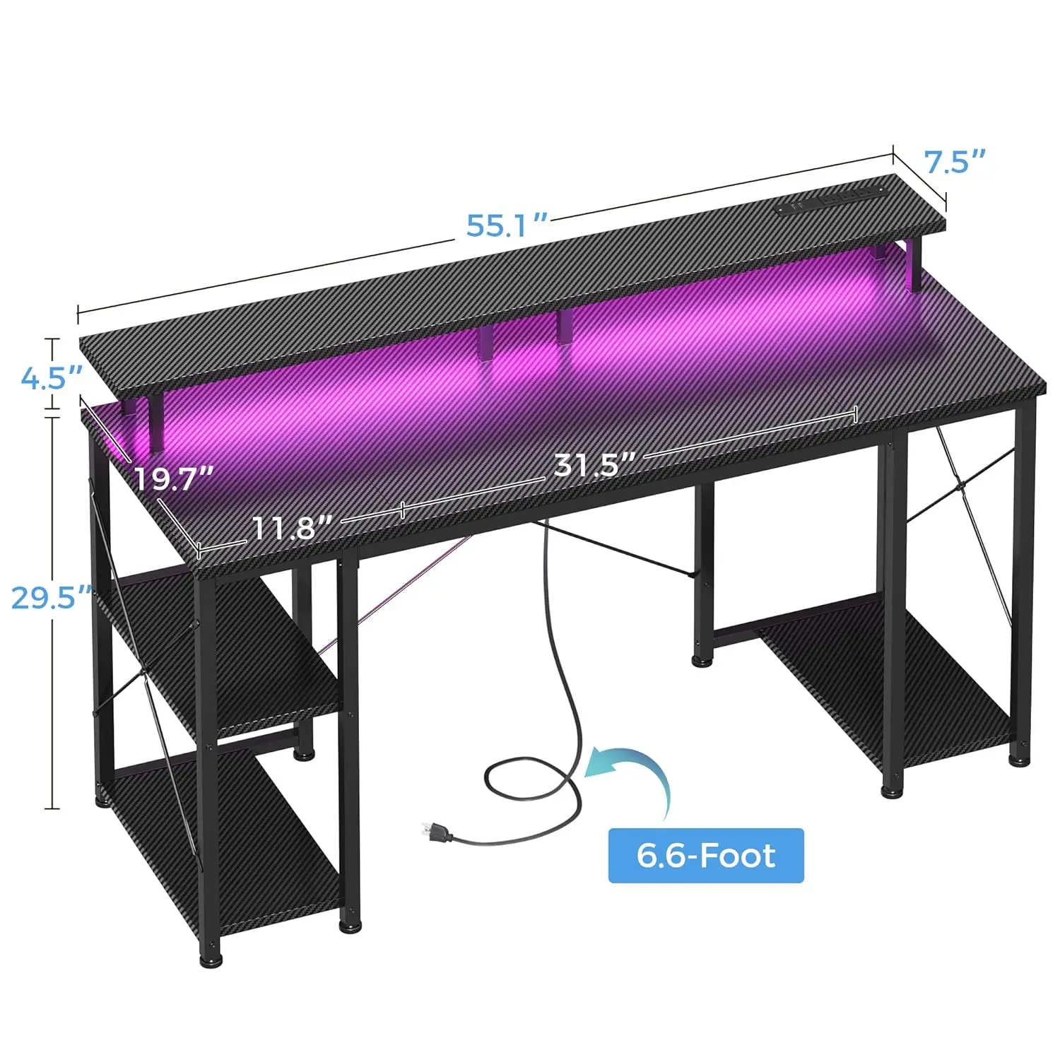55 Inches Gaming Desk with LED Lights, Computer Desk with Monitor Stand, Pc Table with CPU Stand, Carbon Fiber Black