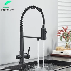 SHBSHAIMY Purification Kitchen Faucet Black Hot and Cold Rotating Pull Out Brass Material Sink Mixer Drinking and Washing Tap