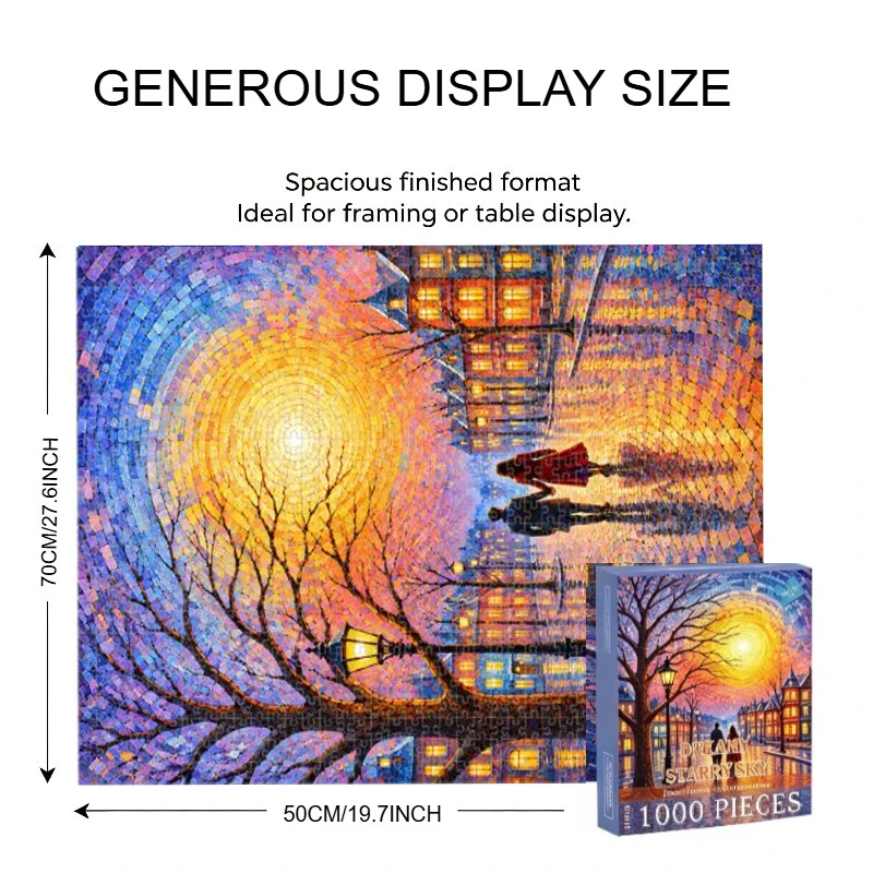 1000pcs Challenging Jigsaw Puzzle, Dreamy Starry Sky Couple Walking At Dusk Street, 70x50cm Large Artwork, No Partition On Back