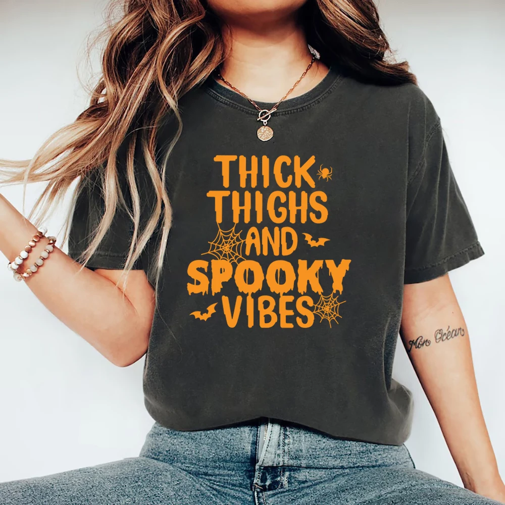 Thick Thighs Spooky Vibes T-Shirt Funny Halloween Shirt Unisex Graphic T Shirts Short Sleeve Halloween Tshirt Streetwear Tops