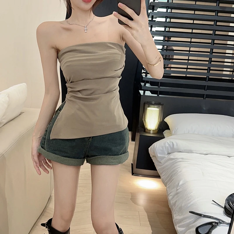 Strapless Bandeau Tube Top Casual Side Slit Hem Asymmetrical Sleeveless Vest Sexy Bandeau Top Summer