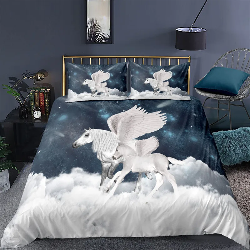 

White Dragon Horse Duvet Cover Queen King Size 3D Unicorn Bedding Set Suitable for Teenagers and Children Home Decoration 3 Pcs