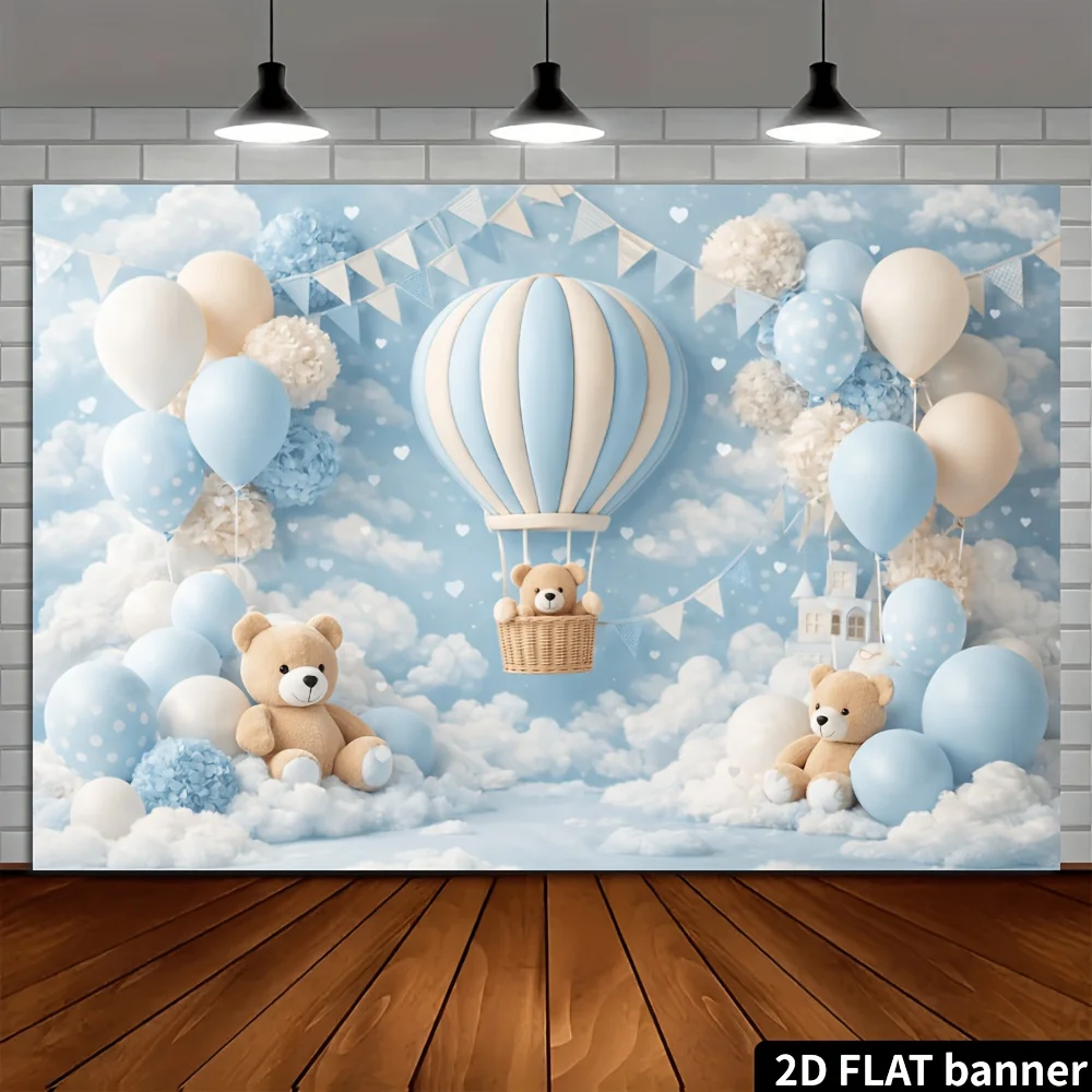Ein 2D-Hintergrundbild mit blauen und weißen Heißluftballons, mit Luftballons, Hortensien und einem Bären, der auf den Wolken sitzt. – Detail 4