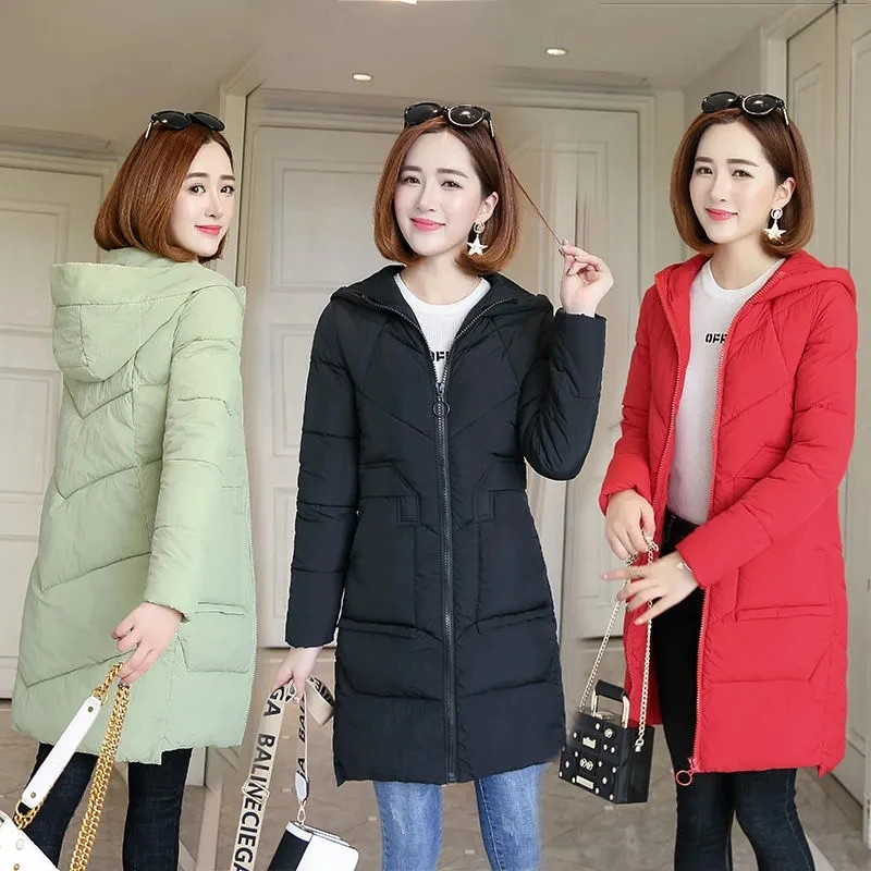 

Winter Hooded Thick Warm Jacket Women Casual Cotton Padded Mid Length Coats Korean Snow Wear Overcoats Solid Parka Outwears New