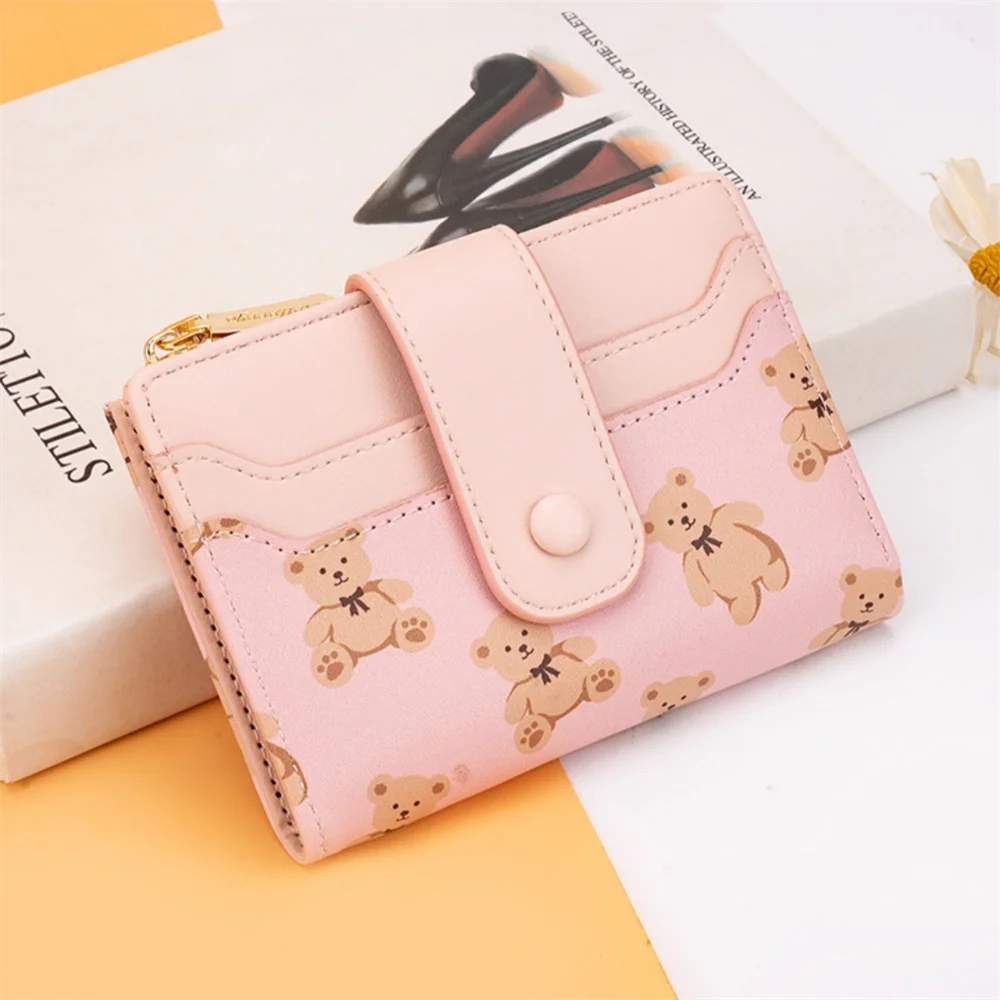 Cartoon Bears Pattern Bifold Wallet Women'S Short Buckle Coin Purse Multi-Card Slots Card Bag PU Leather Money Pouch Pocket