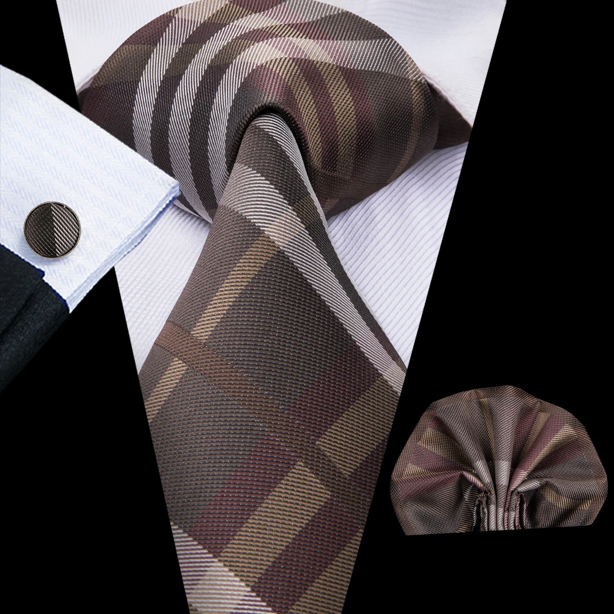 C-3014 Hi-Tie Men Tie Silk Necktie Plaid Brown Ties for Men High Quality Hanky Cufflinks Set Men\'s Wedding Pocket Square Tie Set