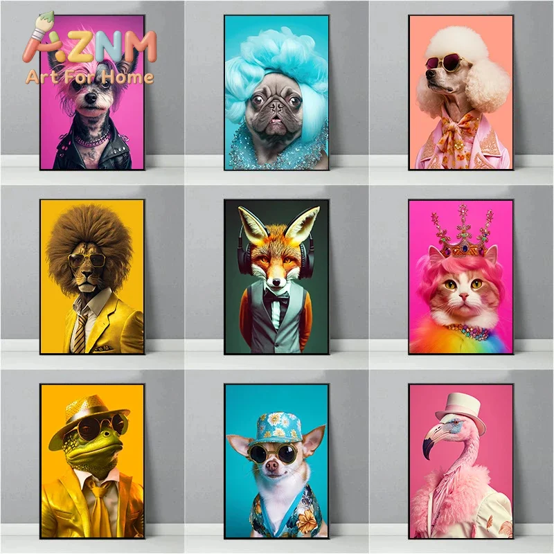 Animal's Gorgeous Cross Dressing Poster Cat Queen Fashionable Fox Posh Hippo Canvas Painting Funny Wall Art Picture Home Deco