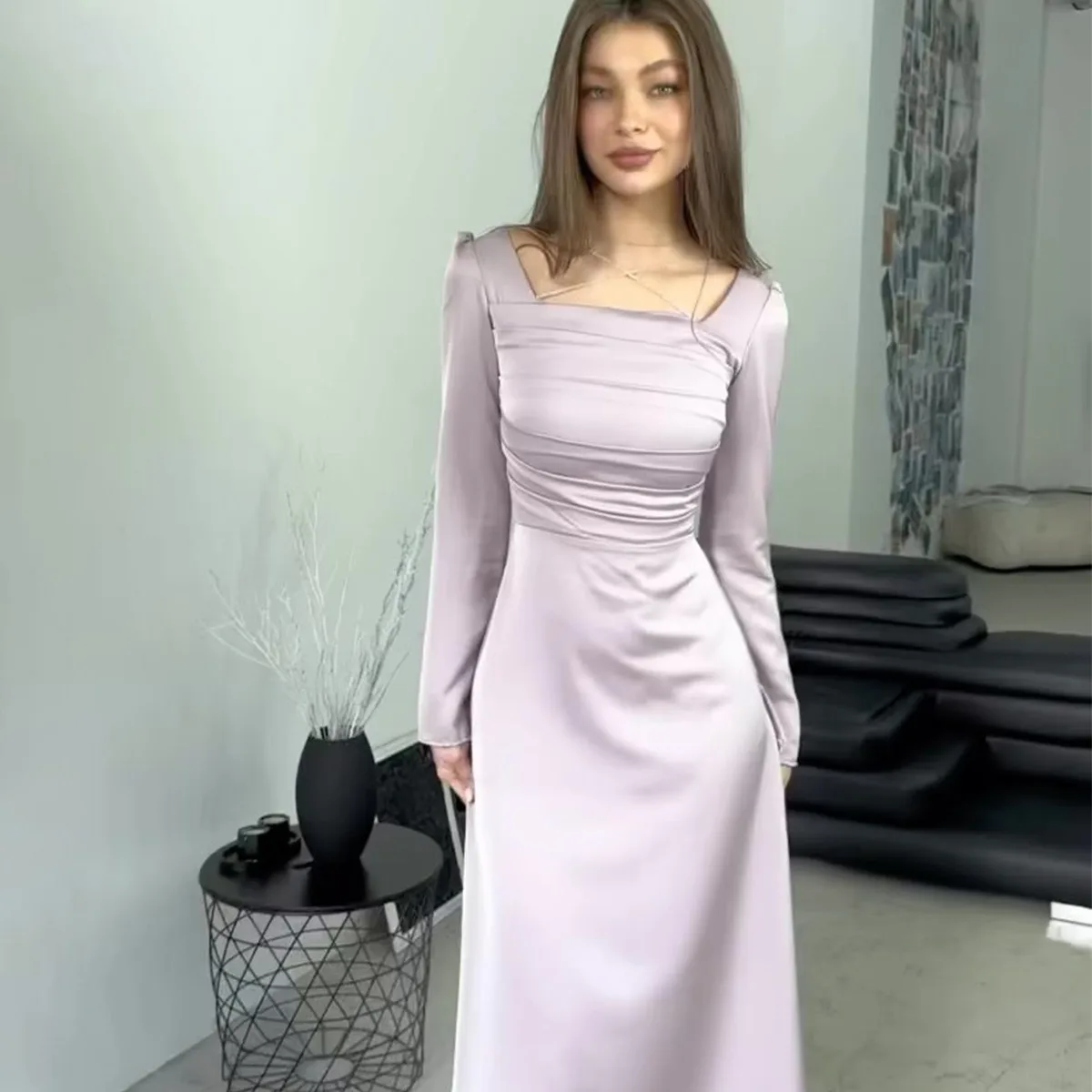 

2024 spring new slim fitting diamond studded strap long sleeved satin slim fitting dress for women