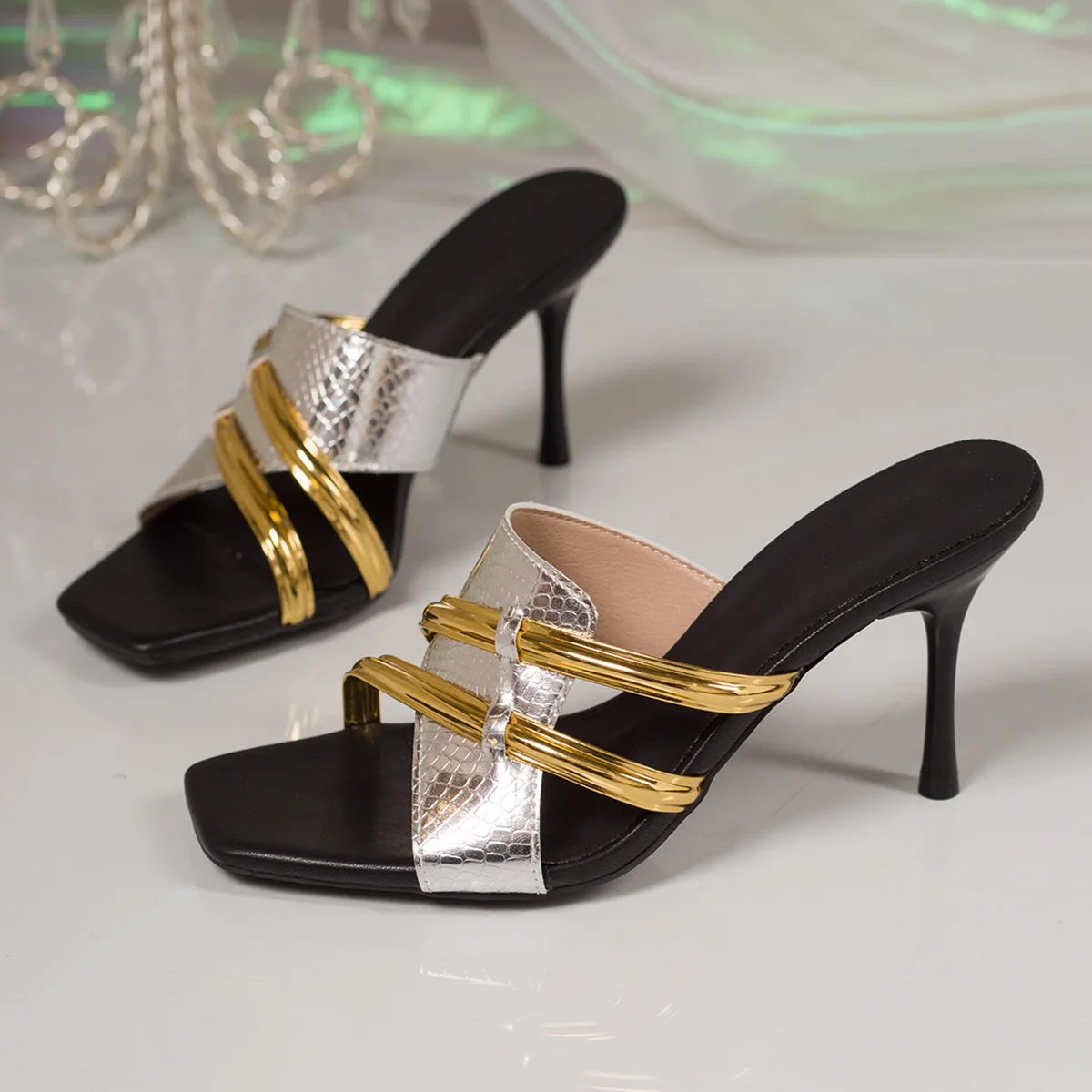 Damen Gold Metallic Krokodilmuster Quadratische Spitze Stiletto-Sandalen, Casual Party Hochzeit High Heels, 2026 Neu