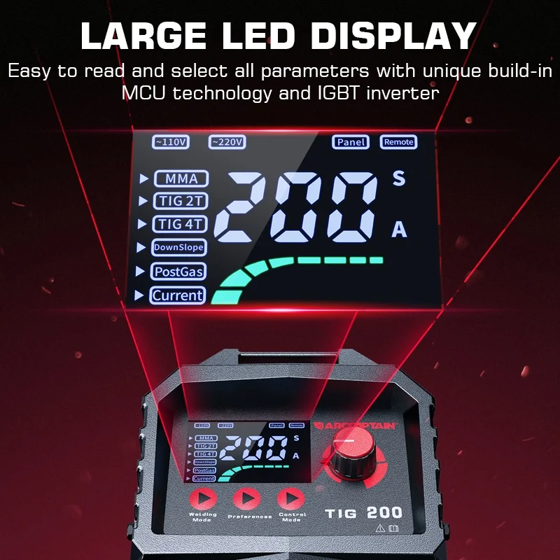 ARCCAPTAIN WIG-Schweißgerät Synergisches Steuerschweißgerät 2 IN 1 HF WIG MMA 2T 4T DC-Inverter LED-Digitalanzeige zum Löten