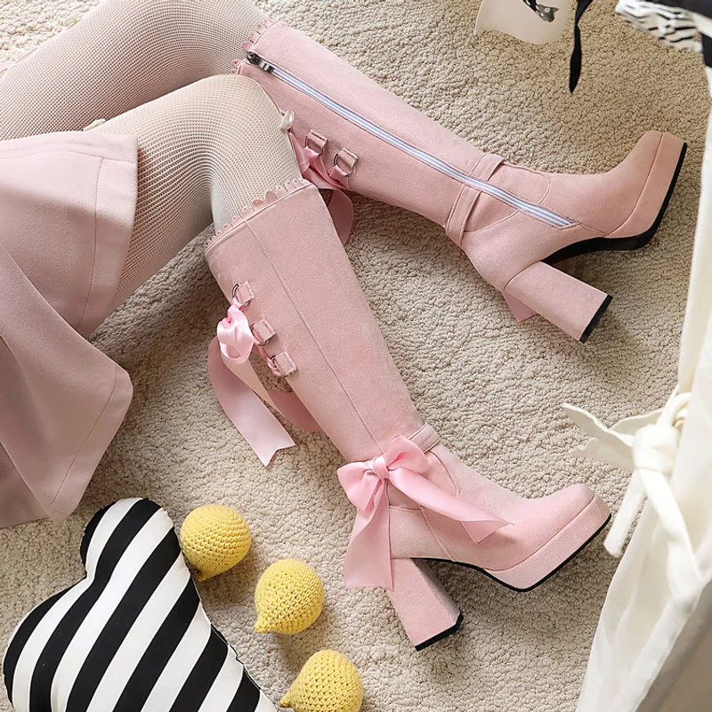 Sweet Lolita Knee High Boots Large Size Bow Super High Heel Platform Vintage Old School Cosplay Autumn Winter Women Boots