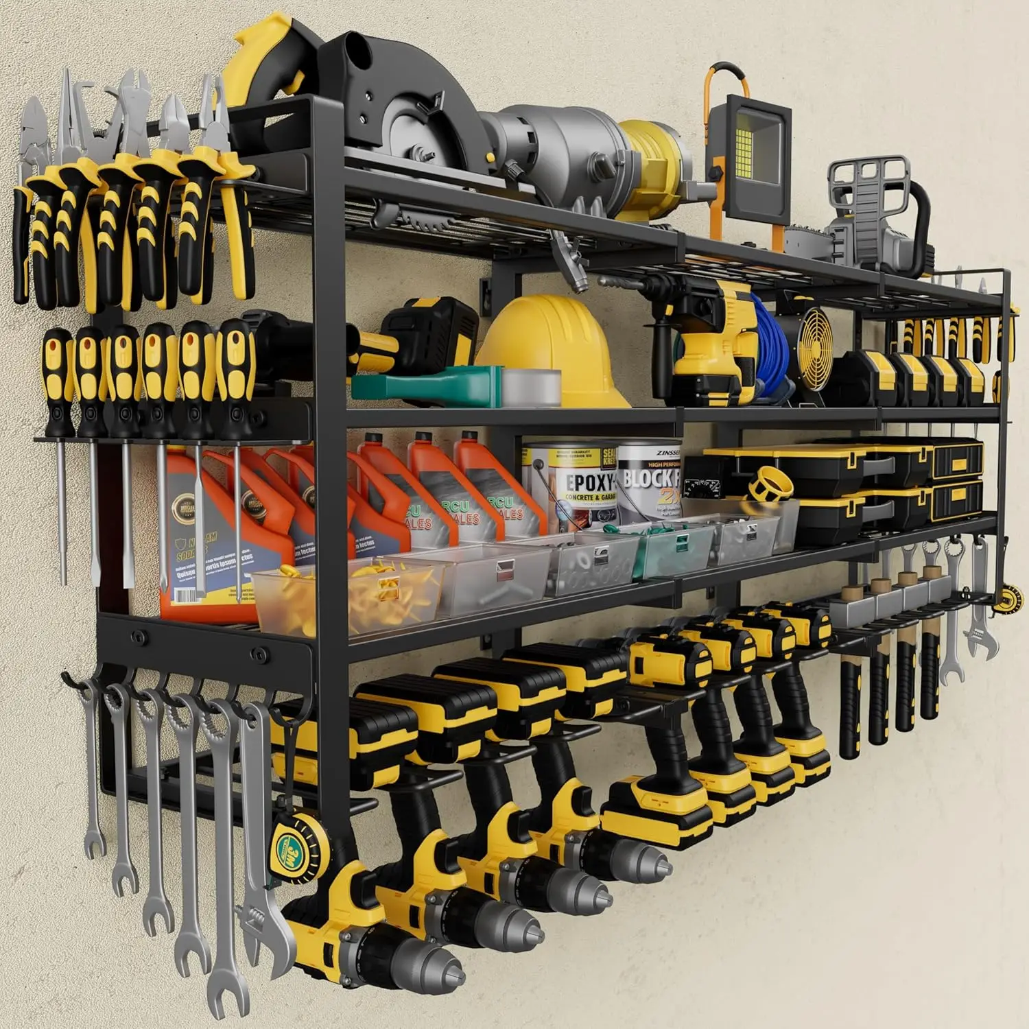 

49.4'' Large Wall Mount Tool Organizer with 12 Drill Holders, 4-Tier Heavy Duty Rack for Garage Storage, Gift for Men