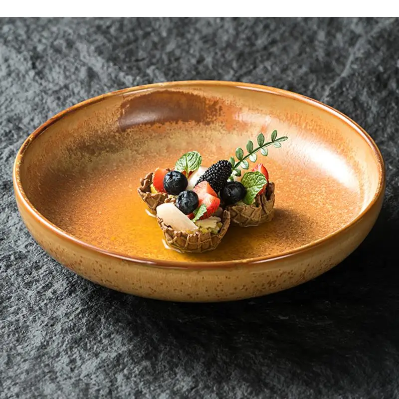 

Kiln Changes Retro Ceramic Deep Plate Restaurant Thick Soup Salad Pasta Plates Fish Tableware