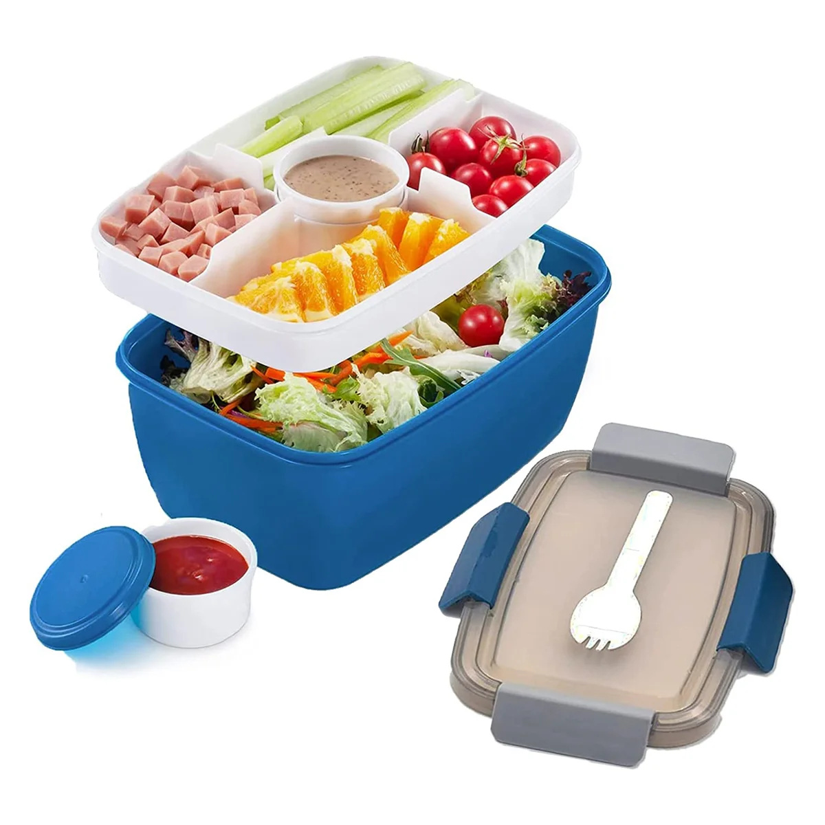 Adult Lunch Box, 2000 Ml, Lunch Box with Compartments, 2-Tier Salad Box to Go, , Sustainable, Leak-Proof Blue