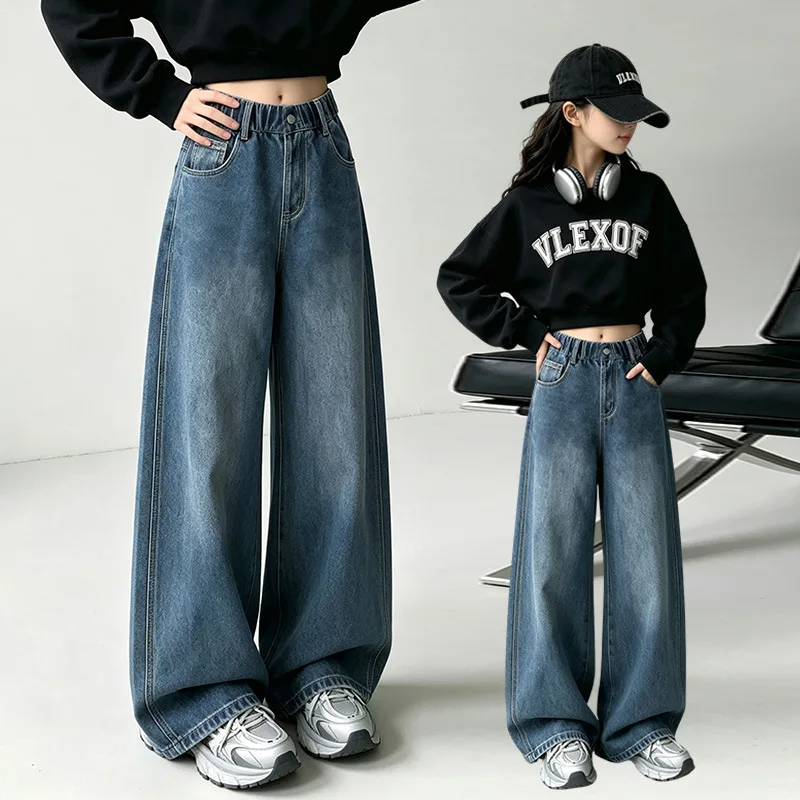 New Autumn Girls Fashion Straight Jeans with Embossing Pocket for Teen Children Casual Denim Pants Kids Casual Wide Leg Trousers