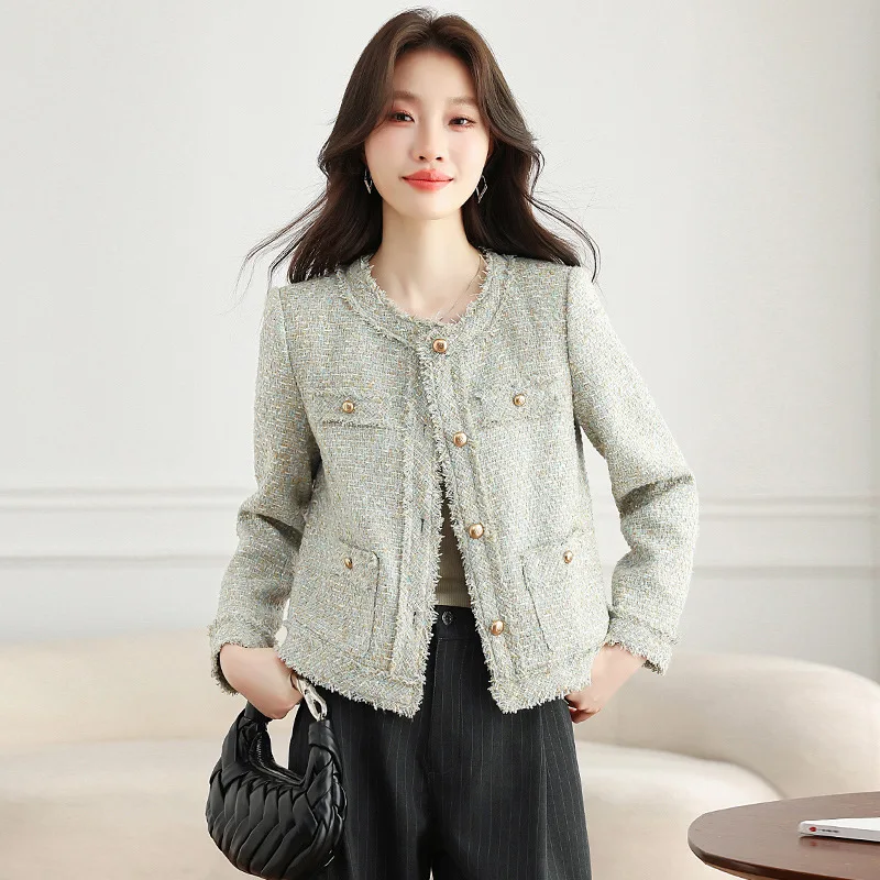 Ladies' Apple Green Coarse Floral Short Coat 2026 Autumn/Winter New Small Fragrant Round Neck Top